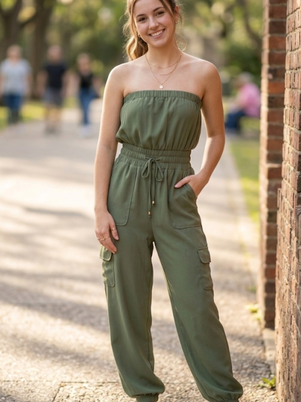 Blush Olive Strapless Cargo Jumpsuit